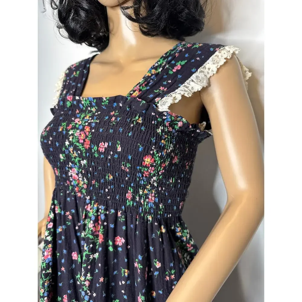 Vintage 70s The Fig Leaf Floral Smocked Cottagecore Prairie Midi Cotton Dress XS